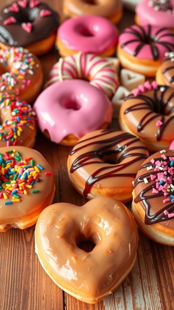 An assortment of colorful donuts on a wooden table, featuring sprinkles and icing, with a heart-shaped donut in focus.